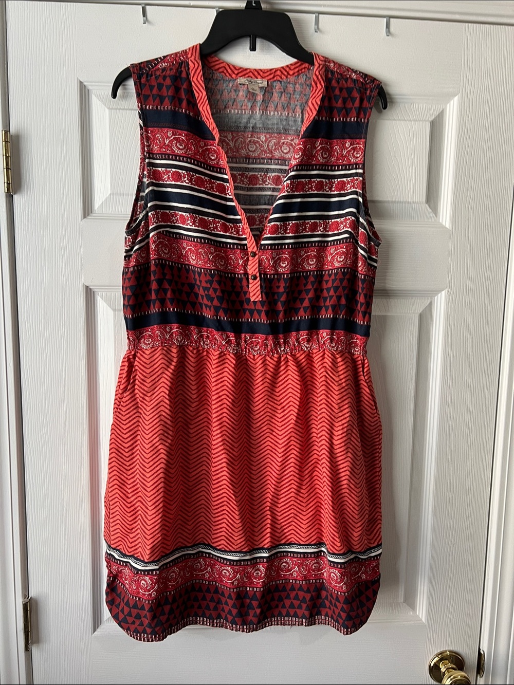 Lucky Brand Coral and Navy Sleeveless Patterned Mini Dress